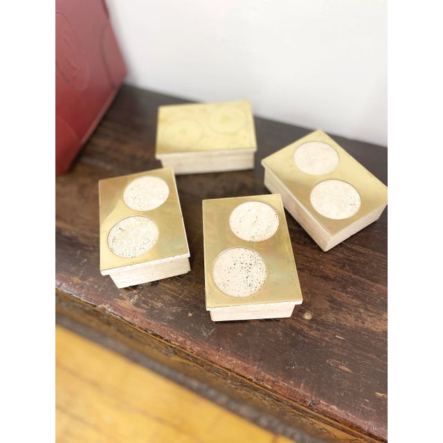 1970s Vintage Italian Travertine and Brass Decorative Boxes - Set of 2 For Sale - Image 5 of 11
