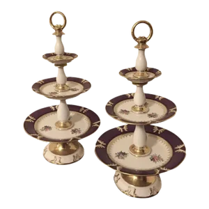 1850 Antique French Empire Porcelain Three Tier Dessert Stands - A Pair