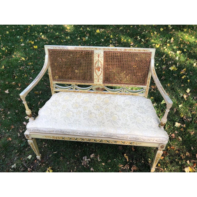 Late 19th Century Antique Adams Style Handprinted and Caned Bench For Sale - Image 11 of 11