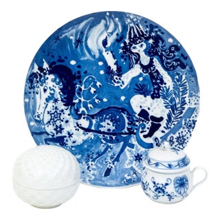 Meissen Porcelain Trio - 1979 Snow Queen Plate, Blue Onion Cream Cup, and White Blossom Relief Bowl For Sale