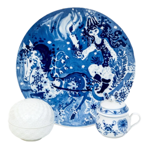 Meissen Porcelain Trio - 1979 Snow Queen Plate, Blue Onion Cream Cup, and White Blossom Relief Bowl