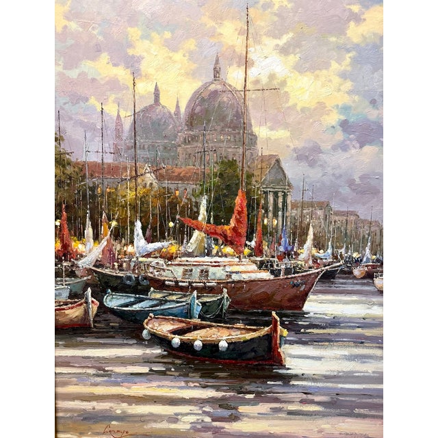 Large Vintage Signed Harbor Scene Painting For Sale - Image 4 of 13