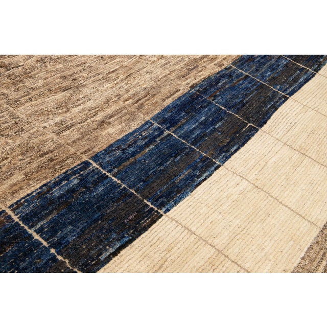 Modern Beige Moroccan Style Handmade Geometric Designed Boho Square Wool Rug For Sale In New York - Image 6 of 11