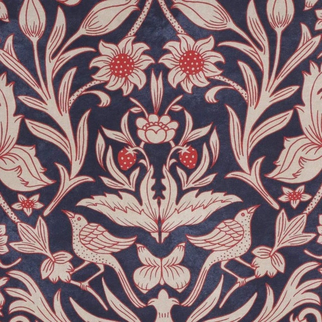 Strawberry Bird Cotton Navy / Red Fabric - Sample For Sale - Image 4 of 6