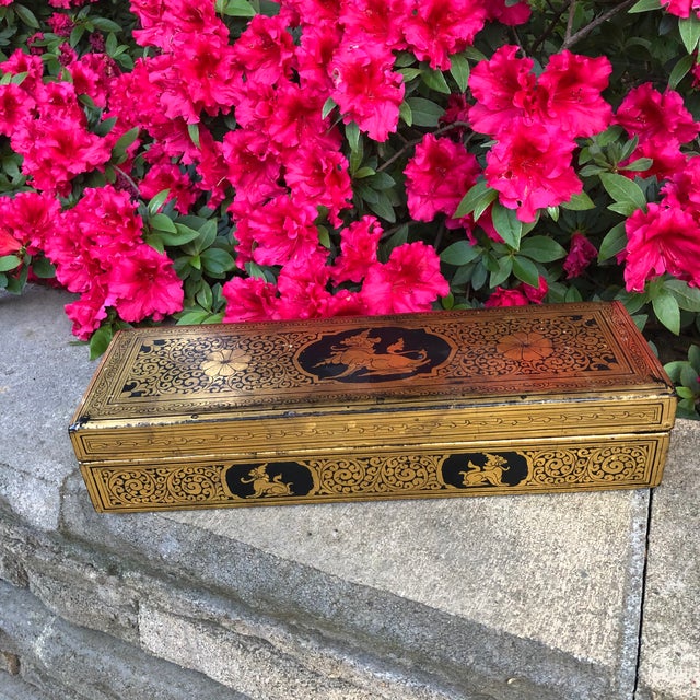 Metal Burmese Vintage Black Lacquer and Gold Long Box For Sale - Image 7 of 9