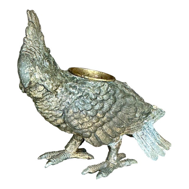 Vintage Boho Patinated Metal Parrot Candle Holder For Sale