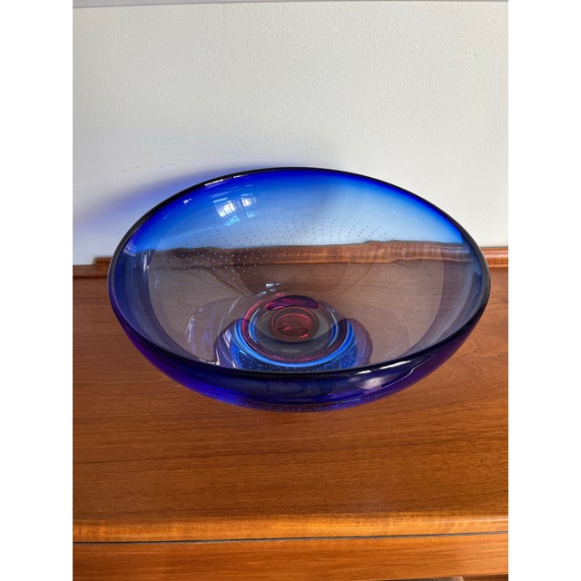 Glass Signed Göran Wärff Kosta Boda Cobalt Blue & Ruby Art Glass Centerpiece Bowl For Sale - Image 7 of 12