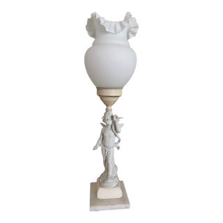 Late 19th Century Neoclassical Biscuit Porcelain Cherub Lamp Ruffled Milk Glass Shade For Sale