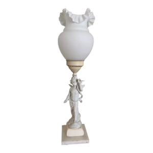 Late 19th Century Neoclassical Biscuit Porcelain Cherub Lamp Ruffled Milk Glass Shade