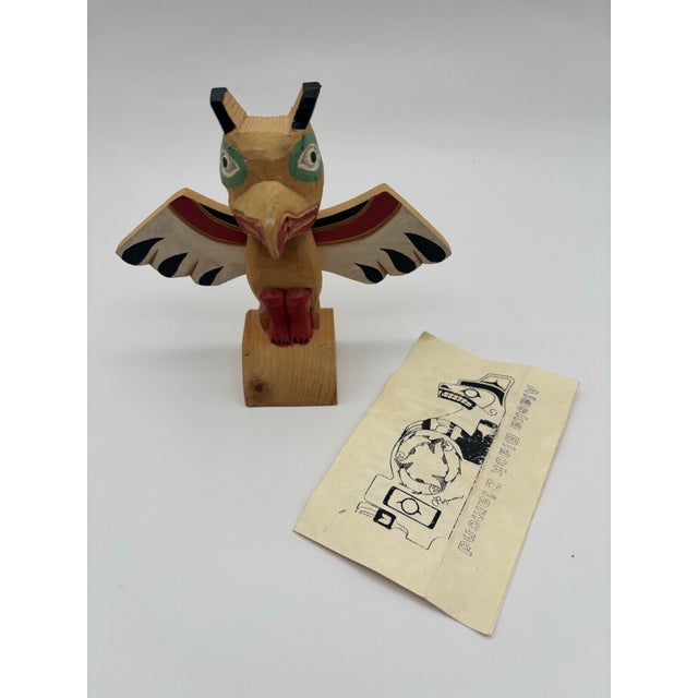 Wood Vintage Alaska Black Diamond Hand-Carved Painted Wood Bird Totem Sculpture For Sale - Image 7 of 12