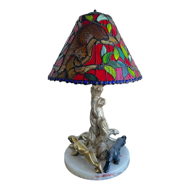 1970s Leopard Marble Base Stained Glass Shade Lamp For Sale