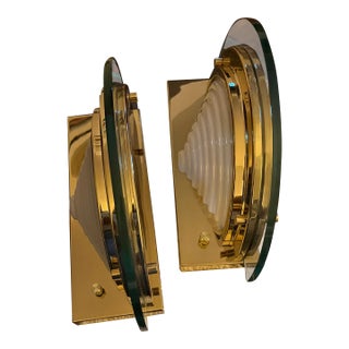 1980s Art Deco Brass and Glass Wall Sconces - a Pair For Sale