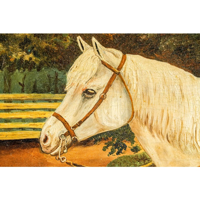 Victorian Charming Antique 19th Century Equestrian Oil Painting White Horse Portrait Folk Art Equestrian English Country Home Decor For Sale - Image 3 of 14