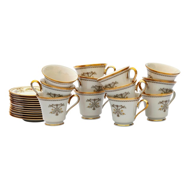 1900s Lenox "Castle Garden" Footed Cups & Saucers; Set/12 For Sale