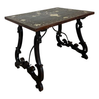 1930s Spanish Baroque Style Side Table with Floral Marquetry Top and Ebonized Base For Sale