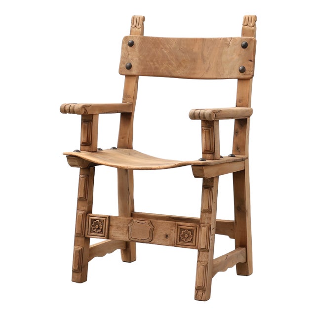 Brutalist Armchair with Carved Rosettes and Nailed Wooden Seat, Spain, 1950s For Sale