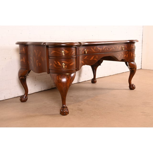 French Provincial Antique Dutch Louis XV Mahogany Inlaid Marquetry Executive Desk, Circa Late 19th Century For Sale - Image 3 of 14