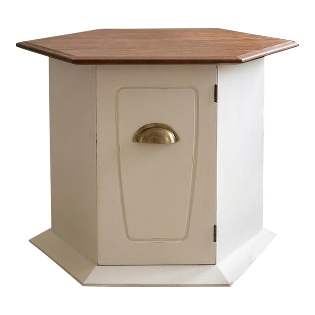 Vintage Mersman Hexagonal End Table / Accent Cabinet – Refinished Cream & Natural Wood For Sale