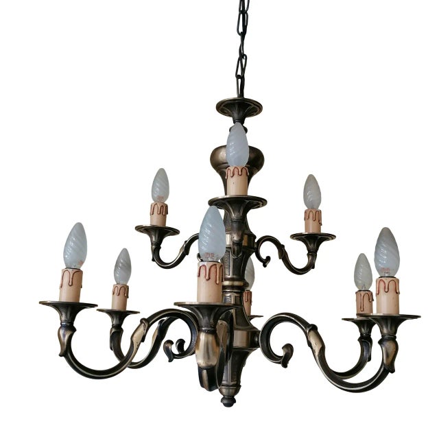 Vintage Nine-Light Brass Chandelier, 1950s For Sale - Image 4 of 7