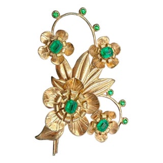 1940s Sterling Silver Gold Vermeil Large Green Rhinestone Brooch Vintage For Sale