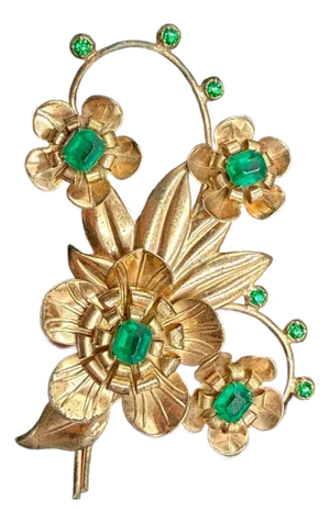 1940s Sterling Silver Gold Vermeil Large Green Rhinestone Brooch Vintage