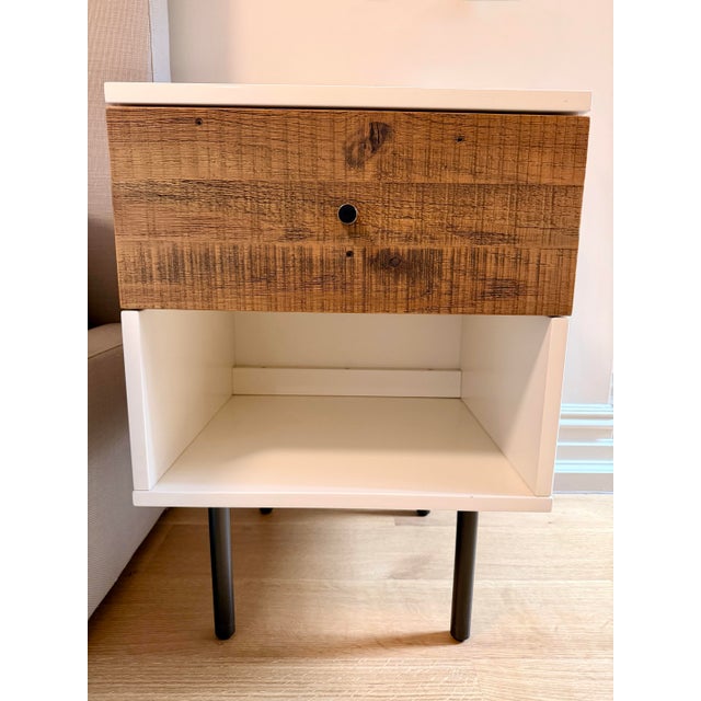2 West Elm Nightstands • Clean, modern wood-grain front with a single smooth-glide drawer • Open lower shelf for books,...