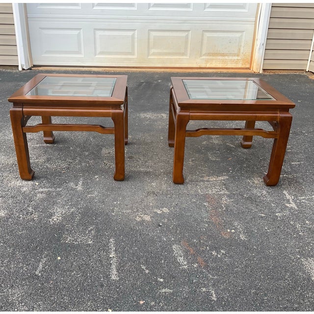 Chinese Pair of Mid 20th century Chinese Chippendale Elegance – Vintage Hardwood & Beveled Glass End Tables For Sale - Image 3 of 12