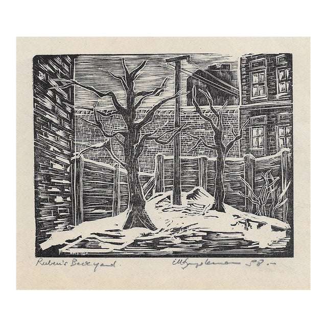 1958 Ruben's Backyard Winter Linocut For Sale