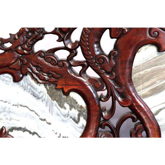 Wood Vintage 66" Chinese Hand-Carved Rosewood & Dali "Dreamstone" Marble Settee For Sale - Image 7 of 13