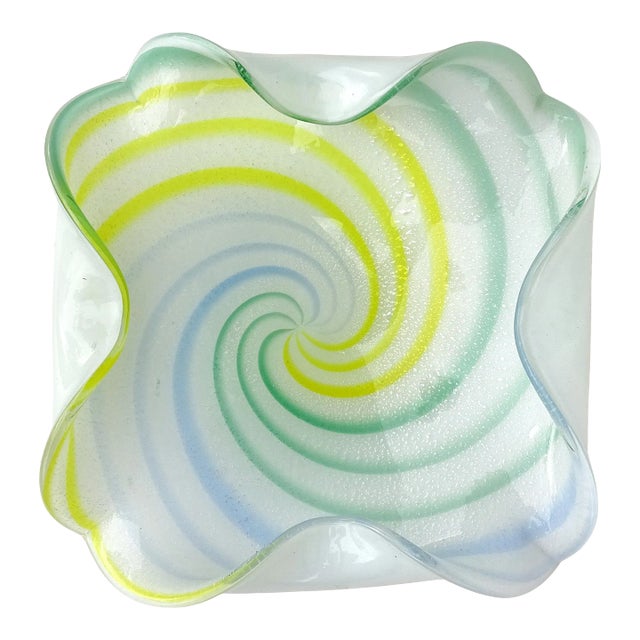 Vintage Murano Green Yellow Blue White Silver Flecks Italian Mid Century Art Glass Centerpiece Bowl For Sale