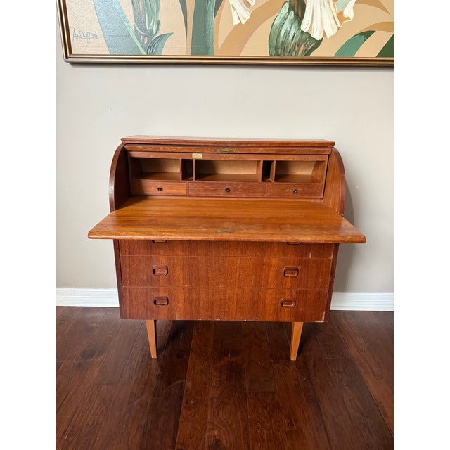 Egon Ostergaard Vintage 1960s Danish Teak MCM Rolltop Secretary Desk Attributed to Egon Ostergaard For Sale - Image 4 of 12