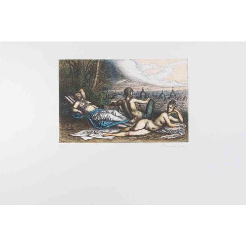 Riccardo Tommasi Ferroni, Nude Relaxing Time with a View of Rome, 1970s, Etching For Sale