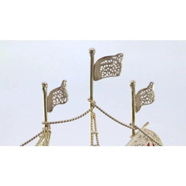 Small Silver Filigree Caravel with Enamelled Crosses For Sale - Image 5 of 8