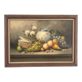 Leo Scott – Large Still Life With Fruit and Books, Original Oil on Canvas For Sale