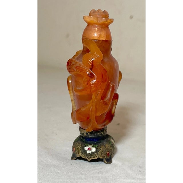 Orange Antique Chinese Carved Carnelian Agate Enamel Sterling Silver Stone Snuff Bottle For Sale - Image 8 of 15