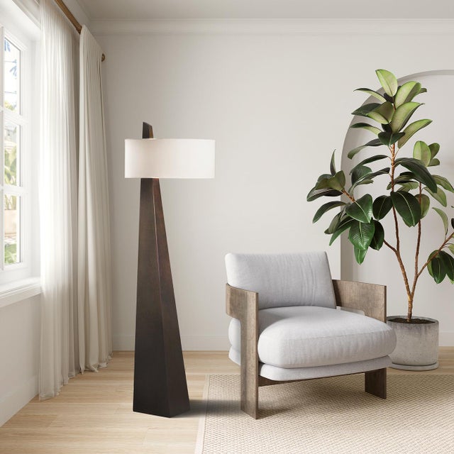 2000 - 2009 Obelisk Floor Lamp - 63", Dark Walnut Wood, White Cotton-Linen Shade For Sale - Image 5 of 13