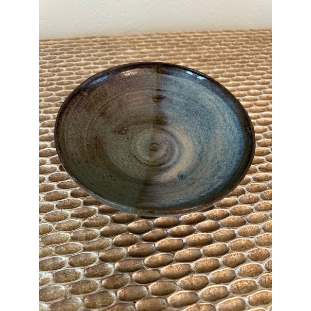 Vintage 1970’s Signed Colorblocked Studio Piece in Brown Terracotta With Olive Green & Taupe With Blue Glaze For Sale - Image 4 of 12