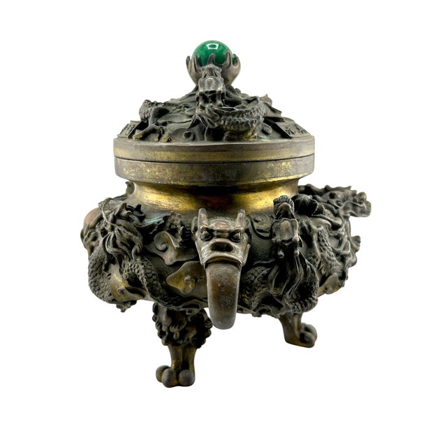Early 20th Century Antique Chinese Bronze Censer With Jade Orb Finial – Dragon Temple Incense Burner For Sale - Image 5 of 11