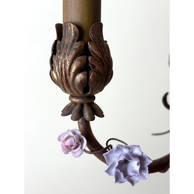Italian Gilt Iron Five-Light Chandelier with Porcelain Flowers, 1930 For Sale - Image 9 of 18