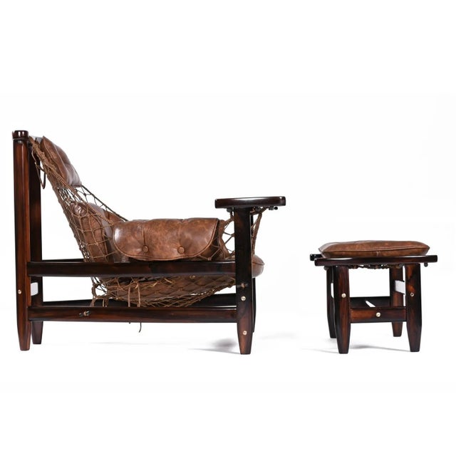 Brown 1960s Restored Brazilian Jangada Rosewood & Leather Sling Chair With Ottoman by Jean Gillon For Sale - Image 8 of 15