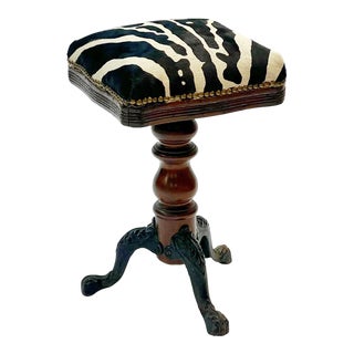 1920s Vintage Swivel Zebra Printed Hair Hide Piano Stool For Sale