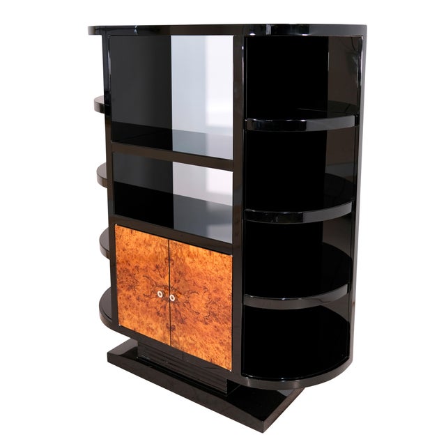 Shelving Unit in High-Gloss Black Lacquer and Door Fronts in Walnut Burl Wood, 1950s For Sale - Image 4 of 9