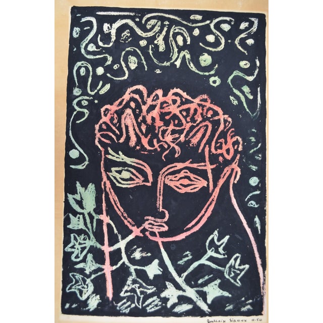 French 1950 Guillain Siroux “Visage Rose” French Modernist Mixed Media Portrait For Sale - Image 3 of 11