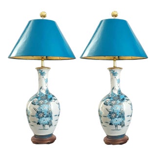 Huge Lamp Pair Blue & Metallic Gold Hand Painted Peacocks 1960s Kutani Restored For Sale