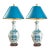 Huge Lamp Pair Blue & Metallic Gold Hand Painted Peacocks 1960s Kutani Restored For Sale