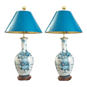 Huge Lamp Pair With Blue & Metallic Gold Hand Painted Peacocks 1960s Kutani
