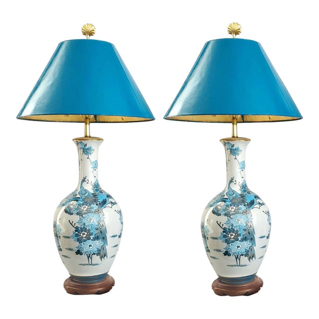 Lamps Hand Painted Japanese Kutani Porcelain Coastal Blue Peacocks Extra Large Pair 1960s For Sale