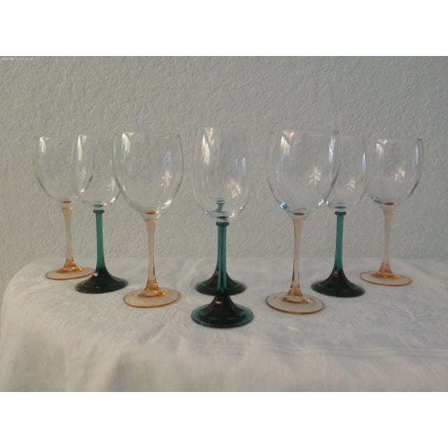 Glass 1980s Pink & Loden Green Stemmed Crystal Wine Glasses, Set of 8 For Sale - Image 7 of 7