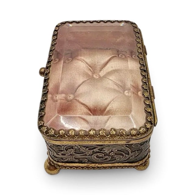 Antique French Ormolu Glass Jewelry Box With Original Tufted Coral Silk Interior For Sale In Philadelphia - Image 6 of 9