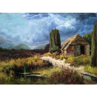 Early 20th Century Storm Over the Heath With Thatched Cottage Oil Painting For Sale